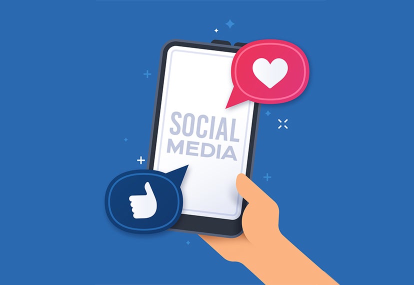 Social Media illustrated phone in a hand 