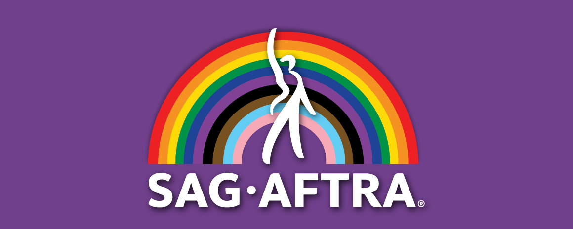 SAG-AFTRA logo with rainbow behind on a purple background.