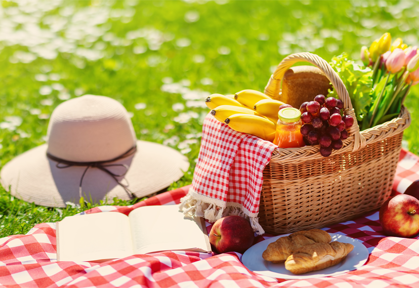 An abundance picnic basket sits on a picnic blanket. 