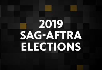 "2019 SAG-AFTRA Elections" in white over a dark background with black, yellow and grey squares in the background. 