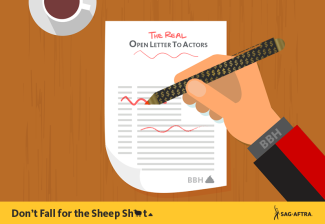 animation of a hand writing a letter titled "The Real Open Letter To Actors" using a black and gold pen with $ signs. Bottom of graphic has a yellow banner with the text "Don't Fall for the Sheet Sh_t." with a sheep for the 'I' in Sh_t and a poop pile. 