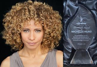 Headshot of Hurd on left and award on right