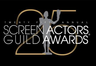 "Twenty Fifth Annual Screen Actors Guild Awards" text overlaying a gray Actor silhouette, overlaying a gold 25 with a black background