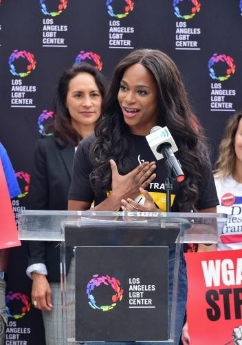 SAG-AFTRA member Alexandra Grey speaks at the Los Angeles LGBT Center on Sept. 14.
