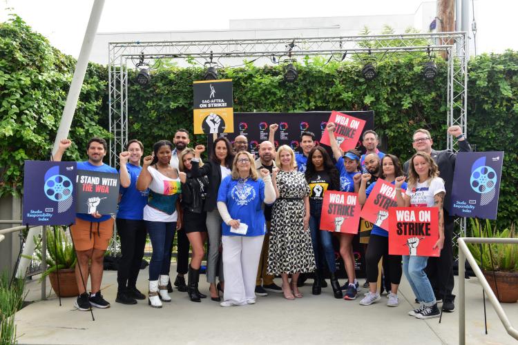SAG-AFTRA, WGA and GLAAD members and staff at the Los Angeles LGBT Center on Sept. 14.