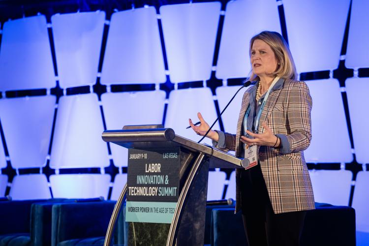 AFL-CIO President Liz Shuler gives opening remarks at the 5th Annual Labor Innovation & Technology Summit on Jan. 9.