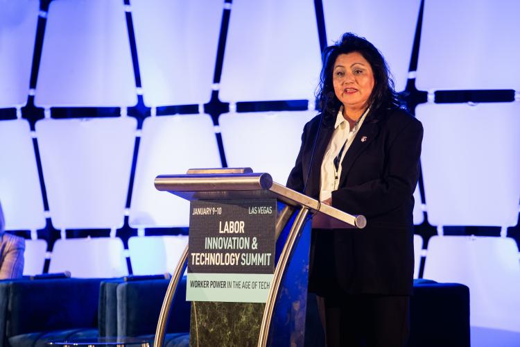 AFL-CIO Nevada State AFL-CIO Executive Secretary-Treasurer Suzie Martinez gives opening remarks at the 5th Annual Labor Innovation & Technology Summit on Jan. 9.