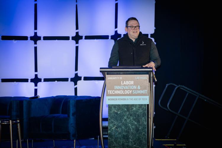 SAG-AFTRA National Executive Director & Chief Negotiator Duncan Crabtree-Ireland gives opening remarks at the 5th Annual Labor Innovation & Technology Summit on Jan. 9.