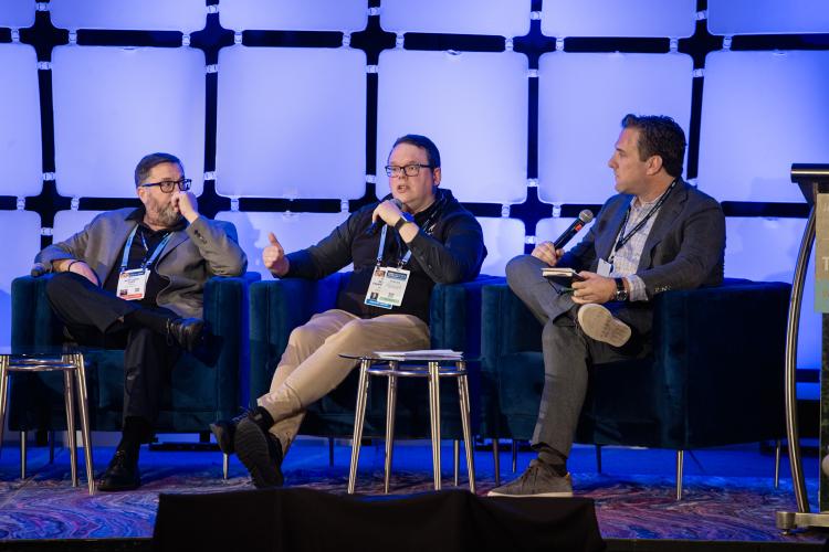 From left, IATSE International President Matthew D. Loeb, SAG-AFTRA National Executive Director & Chief Negotiator Duncan Crabtree-Ireland and moderator, ‘Puck’ Founding Partner Matt Belloni, during the ‘A.I. Goes Hollywood 2024’ panel. 
