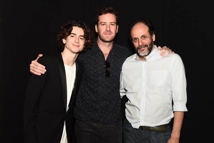 Chalamet in white shirt and  black jacket, Hammer with a black button up and sunglasses hanging on shirt collar and Guadagnino in a baby blue button up