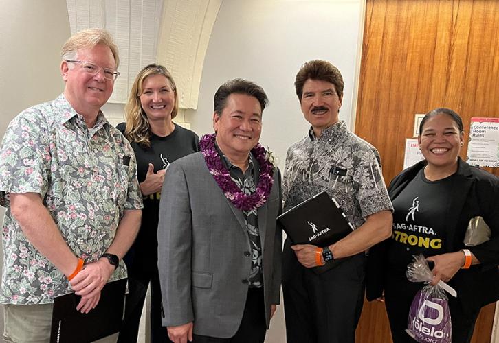 Hawaii Local Secretary Scott Swartz, President Andy Sikkink, Hawaii State House Representative and Chair of the House Finance Committee Kyle Yamashita, Vice President Charles Uyehara, member Shereen Balles