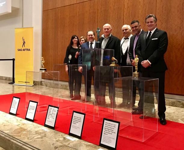 From left, SAG-AFTRA Atlanta Local Assistant Executive Director Alison Wise; Local Executive Director Melissa Goodman; local board members Eric Goins, Mike Pniewski, Jon Hayden and Ray Benitez; and local president Ric Reitz with the EGOTS. 