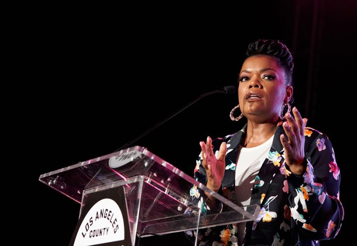 National and L.A. Local Board member Yvette Nicole Brown presents from the podium at the 2023 L.A. County Federation’s MLK Day Breakfast. Photo by Leroy Hamilton.