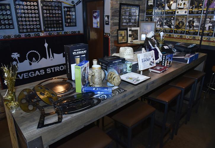 A table piled with swag.