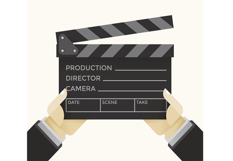 Action! Illustration of a film clapper being held by two hands.