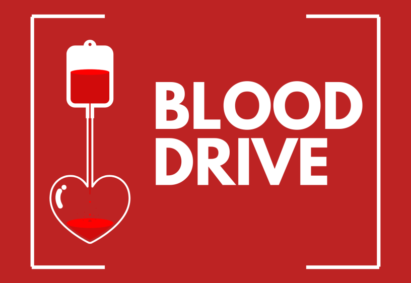 Blood Drive Blood drive text over a red background. An illustration of a pint of blood connected to a heart is to the left.