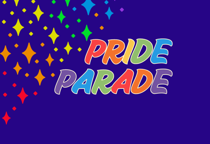 Pride Parade Stars in rainbow colors on a blue background with the words "Pride Parade" also in rainbow colors.
