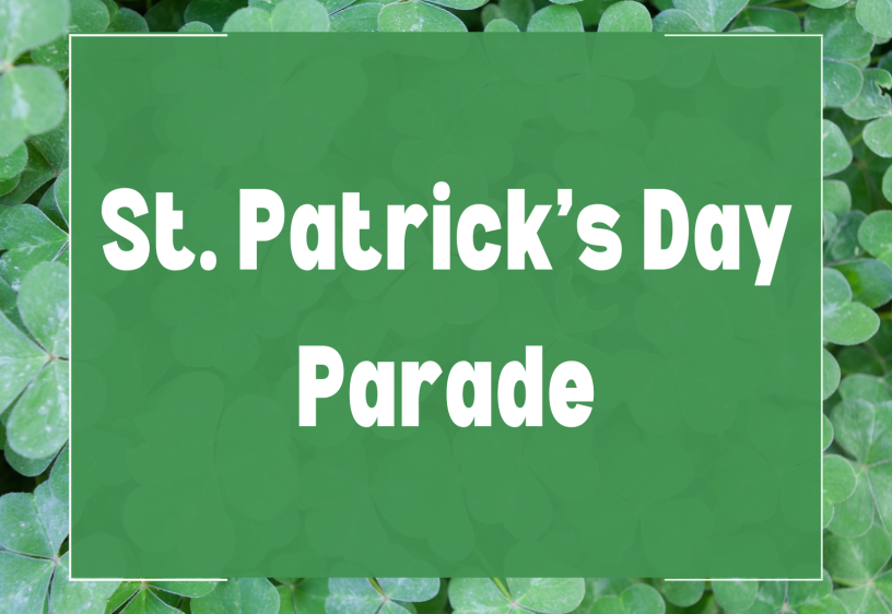 "St. Patrick's Day" in white lettering on a green square with shamrocks in the background
