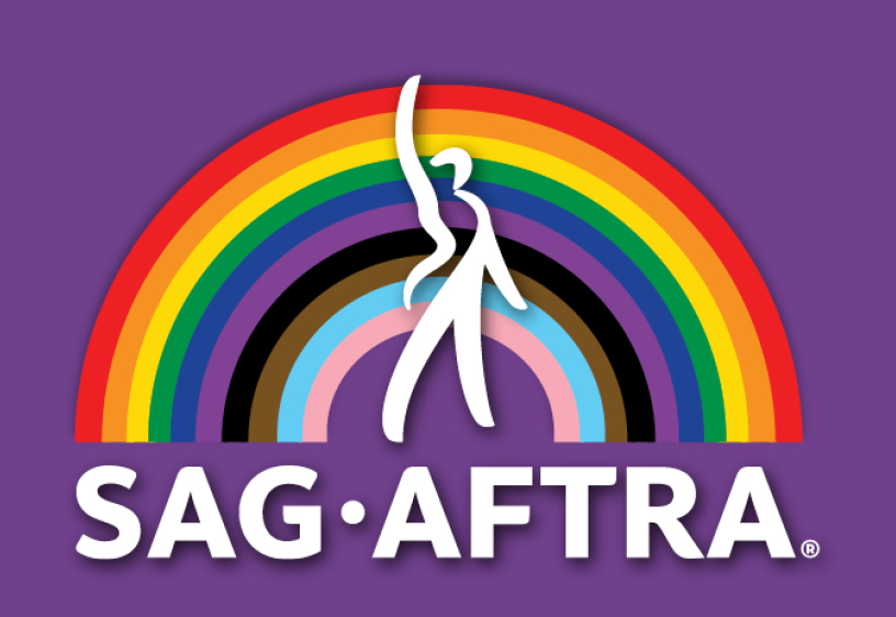 SAG-AFTRA logo with rainbow behind on a purple background.