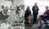 Nina Totenberg, Linda Wertheimer and Cokie Roberts Totenberg sitting in chair w/ her legs crossed and left arm on the armrest of the chair to Wertheimer's right. Wertheimer standing while looking in the direction of Roberts sittings in a chair to Wertheimer's left laughing. 1979 photo in B&W.