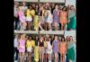 There are two photos, in the bottom one, eighteen men and women, dressed in casual summer clothing, pose for a photo in front of a building. In the top one, the same people are waving, shouting and striking fun poses.