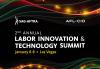 2nd Annual Labor Innovation & Technology Summit, SAG-AFTRA & AFL-CIO SAG-AFTRA Logo in top left corner, AFL-CIO in top right corner, "2nd Annual Labor Innovation & Technology Summit" in white centered and "January 6-8 Las Vegas" below it in yellow.