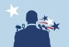 A dark blue silhouette of Dr. Martin Luther King Jr. stands with his back turned in front of a podium with mics. A star shines in the upper left corner and 3 more stars appear over his right shoulder. The background is a lighter blue color. Hero Image for "Dr. Martin Luther King Jr. Office Closure"