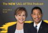 SAG-AFTRA Podcast Available Now! Headshot of Gabrielle Carteris with David White over her left shoulder. Grey background with yellow text that reads: "The NEW SAG-AFTRA Podcast" on one line above Carteris and White's head. "AVAILABLE" on line 1 and "Now" on line 2 to the left of Carteris