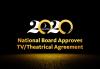 SAG-AFTRA National Board Approves Tentative Agreement with AMPTP, Recommends Ratification of 2020 TV/Theatrical Agreement White 2's with gold brush stroke 0's and "National Board Approves TV/Theatrical Contracts" centered on 2 lines in gold with gold dust fading out