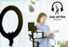 A female figure prepares a self-tape audition. In the foreground, is equipment used for taping: a ring light and camera with mic. The podcast logo is in the upper right corner. Hero image for SAG-AFTRA podcast episode 95, "What Members Really Think about Self-Taping"