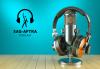 Against a bright turquoise backdrop, a studio microphone and headphones stand on a table. On the far right is the SAG-AFTRA Podcast logo. Hero image for "SAG-AFTRA Podcast: "How to Break Into Live-Action Dubbing"