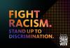 Stop The Hate Week 'Fight Racism. Stand Up To Discrimination.' text in gradient rainbow. Stop the Hate logo in white in bottom right corner.