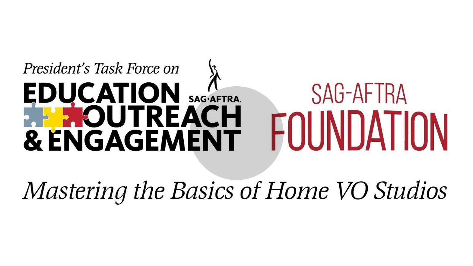 Tuesday, June 9, 2020 PTEOE Logo on the left and SAG-AFTRA Foundation logo to the right with "Mastering the Basics of the Home VO Studio" in black across the bottom of both logos on a white background
