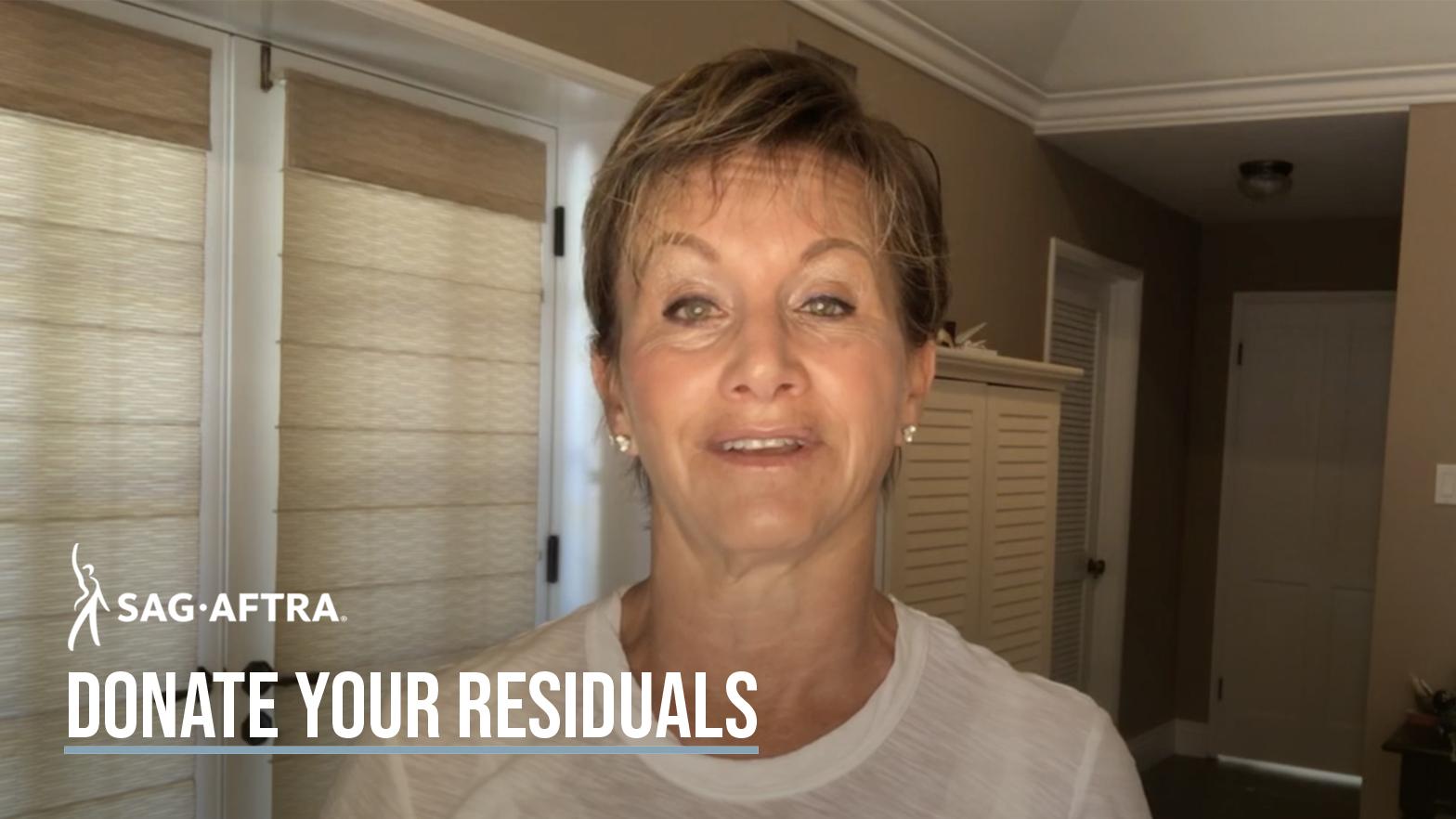 Donate Your Residuals to the SAG-AFTRA Foundation "DONATE YOUR RESIDUALS" in the bottom left corner with carteris smiling into the camera wearing a white shirt
